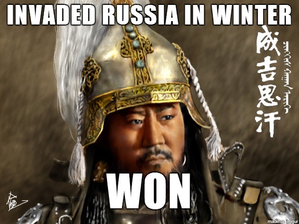 The Mongol hordes didn't stop at the Middle East; they also went to the Russian steppes, and -you guessed it- destroyed pretty much everything in their path.  The area today known as Russia was a sparsely-settled collection of city-states at the time, but were just on the verge of forming an actual national construct centered on the city of Kiev (in modern-day Ukraine). Then the Mongols came and screwed everything up. In the early 13th Century they tore through the entire region, destroying every single major city west of Poland, except Novgorod (who survived by paying tribute and becoming a vassal-state). As for Kiev, the Mongols slaughtered almost everyone in the city and razed it to the ground.
The descendants of the Mongols who had invaded Russia came to be known as the Golden Horde, and they dominated the region for the next hundred and fifty years or so. What became the modern Russian identity was forged around rebellion against Mongol domination. The city states that weren't totally wiped out were allowed to exists as vassals paying tribute to the Horde, but eventually the Duchy of Muscovy (Moscow today) grew in power, and in the late 15th Century managed to throw off Mongol domination and unite its rival cities, under the rule of Ivan the Great.
The long rule of the Mongols retarded the growth of the entire region, and kept Russia a backward land  compared to Europe for hundreds of years.  The culture and political conditions that emerged from what was needed to overthrow the Golden Horde left Russia forever separate from the European States. The culture of the "strongman" leader we see today in Vladimir Putin (and back through history, from Stalin to the Russian Czars) traces all the way back to Ivan. A lot of why Russians are.. well, the way they are, is thanks to Genghis Khan.