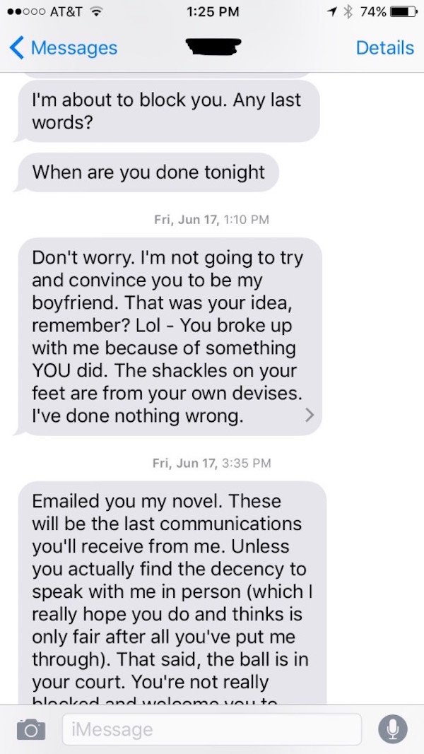 Guy breaks up with a girl after a month, she unleashes a novel of insanity