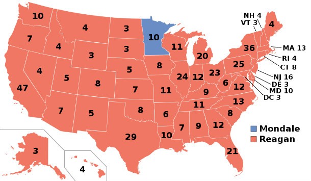 Ronald Reagan won 49 out of 50 states In the 1984 Presidential Election against Walter Mondale. The only state Mondale won was Minnesota, his home state.