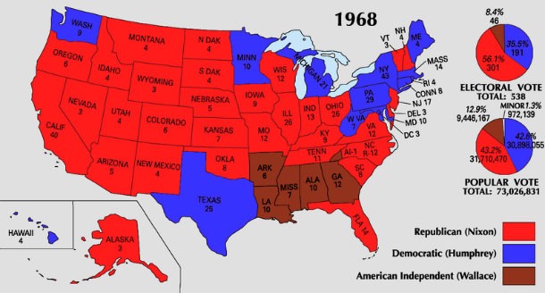 The last time a third part candidate won any votes of the electoral college was in 1968. George Wallace of the American Independent party won a total of 46 Electoral College votes. All of the states Wallace won were in the southeast United States, in an area commonly known as "The Bible Belt".