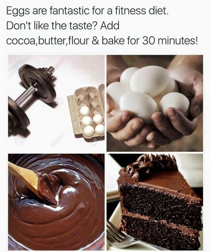 stupid life hacks - Eggs are fantastic for a fitness diet. Don't the taste? Add cocoa, butter,flour & bake for 30 minutes!