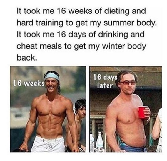 funny diet - It took me 16 weeks of dieting and hard training to get my summer body. It took me 16 days of drinking and cheat meals to get my winter body back. 16 weeks 16 days later