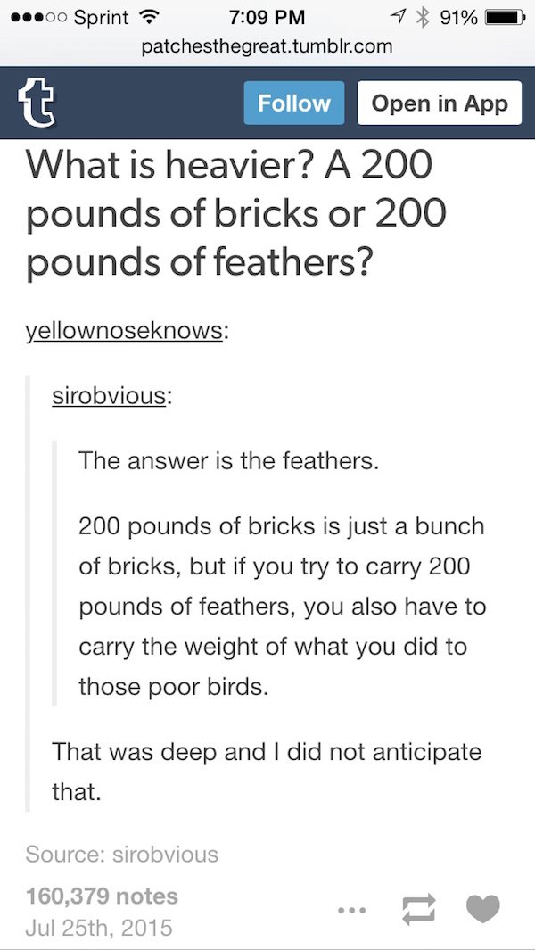 tumblr - mbti intx - ...00 Sprint 7 91% patchesthegreat.tumblr.com t Open in App What is heavier? A 200 pounds of bricks or 200 pounds of feathers? yellownoseknows sirobvious The answer is the feathers. 200 pounds of bricks is just a bunch of bricks, but 