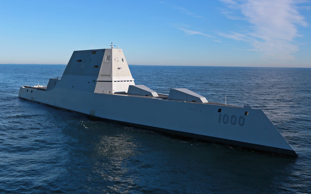 This is the U.S.S. Zumwalt, a brand new futuristic Destroyer, deployed this week