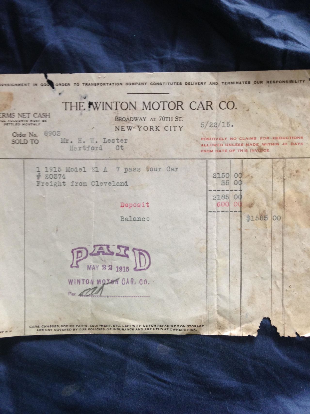 101 year old receipt for a 1915 Model A car ($2,185.00 in 1915 had the same buying power as $51,169.02 in 2016)