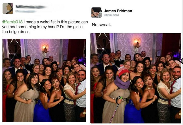 james fridman troll photoshop - James Fridman famio013 i made a weird fist in this picture can you add something in my hand? I'm the girl in the beige dress No sweat.