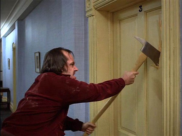 The Shining.
For the scene in which Jack breaks down the bathroom door, the props department built a door that could be easily broken. However, Jack Nicholson had worked as a volunteer fire marshal and tore it apart far too easily. The props department were then forced to build a stronger door.