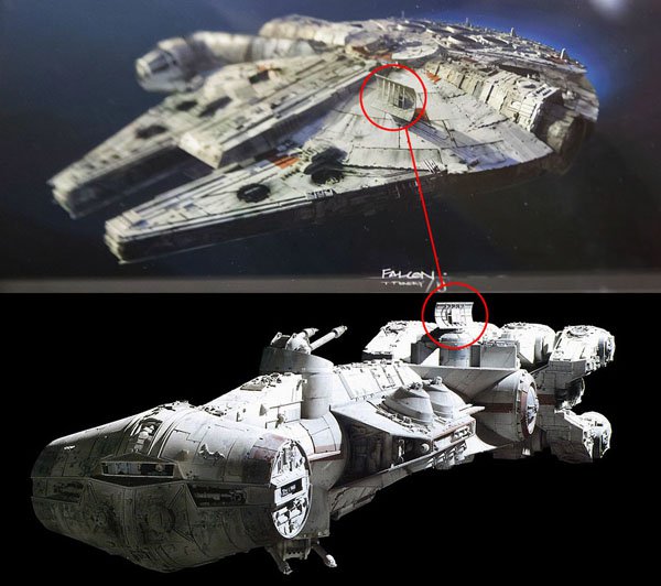Star Wars ep 7 – The Force Awakens.
The Millennium Falcon has a rectangular antenna. That’s because it lost its original antenna in the Battle of Endor in Star Wars: Episode VI – Return of the Jedi (1983). J.J. Abrams rejected many different designs for the new radar dish before art director Kevin Jenkins came up with the idea to use the shape of the radar dish seen on the Blockade Runner in the original Star Wars: Episode IV – A New Hope (1977), a ship which design was originally created to be used as the Falcon.