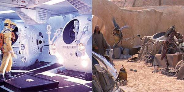 Star Wars Ep 1 – The Phantom Menace.
As Qui-Gon walks into Watto’s junkyard, you can see an old EVA Pod from 2001: A Space Odyssey. It’s the orb structure with the large round hole near the center of the image.