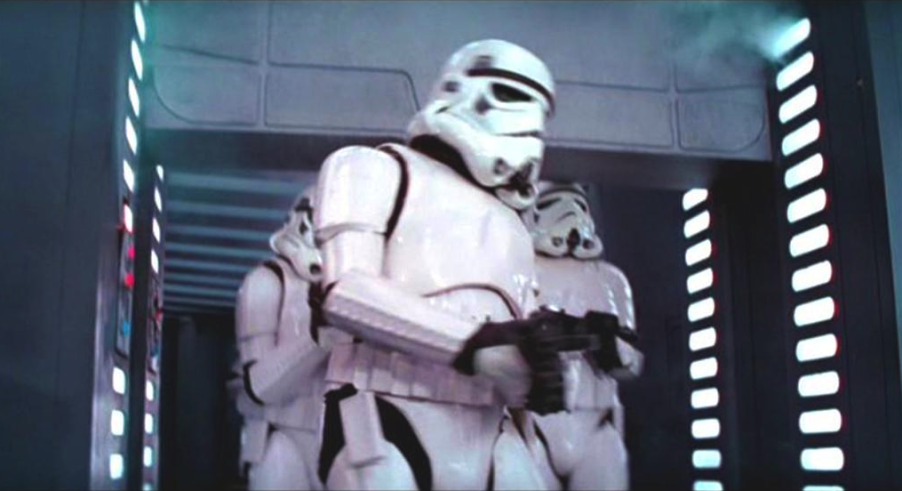 Star Wars ep 4 – A New Hope.
When the Stormtroopers enter the room where C-3PO and R2-D2 are hiding, one of the actors accidentally bumps his head on the doorway due to his limited visibility. When the special edition came out in 1997, a sound effect had been added to the scene to accompany the head bump.