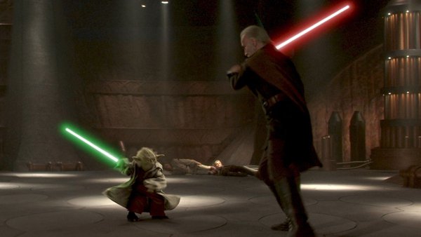 Star Wars ep 2 – Attack of the Clones.
During rehearsals and filming of Count Dooku’s lightsaber battle scenes, a small model of Yoda was used as a reference point for Christopher Lee. The model however was slightly altered to have vampire fangs, to which Lee’s amused response was “I will not comment on that. I didn’t think you would do this to me, George!” The fangs were likely a joke at Lee’s expense for his performance as Count Dracula in Horror of Dracula (1958) and several other Hammer Studios horror films.