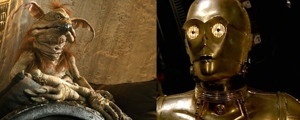 Star Wars ep 6 – Return of the Jedi.
During the shot in which Salacius Crumb (the small, annoying, rat-like thing that sits with Jabba in his palace) is chewing off C-3PO’s eye, Anthony Daniels had a panic attack while in the C-3PO suit. While filming, he didn’t actually say his lines (all his lines were dubbed in post-production anyway), but repeated “Get me up. Get me up.” over and over. This take is the take used in the final film.