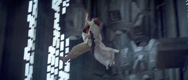 Star Wars ep 4 – A New Hope.
Stunt doubles were not used for the scene where Luke and Leia swing to safety. Carrie Fisher and Mark Hamill performed the stunt themselves, shooting it in just one take.