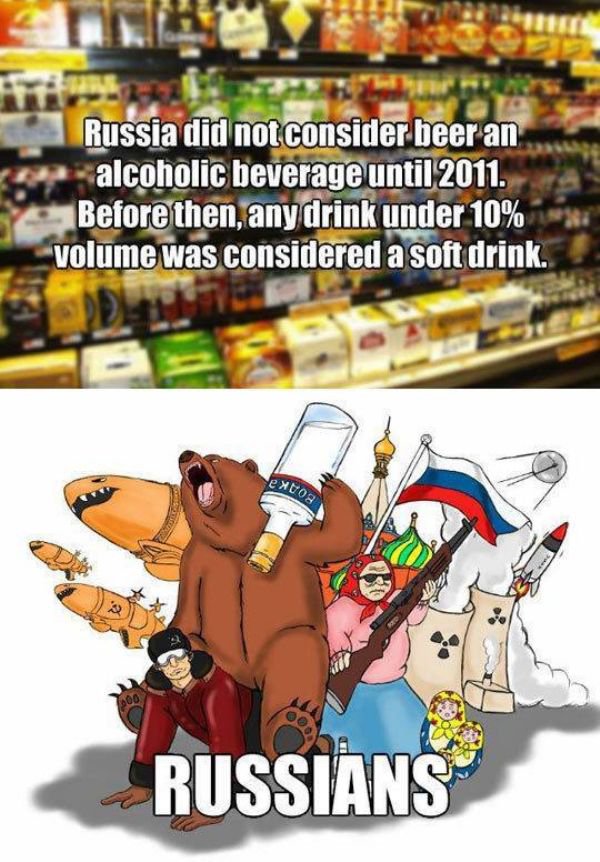 russian alcohol meme - Russia did not consider beer an alcoholic beverage until 2011. Before then, any drink under 10% volume was considered a soft drink. Russians