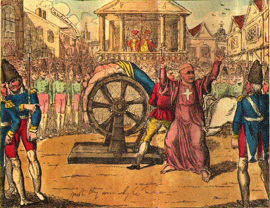 The "Breaking Wheel" was a brutal execution device, though a slightly weird one. The victim was stretched over a wheel, and as the wheel rotated he'd be struck with blunt instruments. The blows would be painful if they hit in areas where the victim's body was placed against the wood of the wheel's frame, but even more damaging if it was in a part of the body that was unsupported.

Meant to cause a very agonizing death, the executioner was meant to first strike the victim in areas that would be nonlethal, breaking arms and legs, and causing terrible pain.  This made execution-by-wheel a kind of game and an entertainment for the morbid crowds that watched.

In some cases, the executioner would be ordered to be "merciful" and put the victim to death more quickly by striking him hard in some area of the chest.  In France, the term "coup de grace" was derived from this kind of mercy-killing; "coup de grace" meaning "mercy blow".