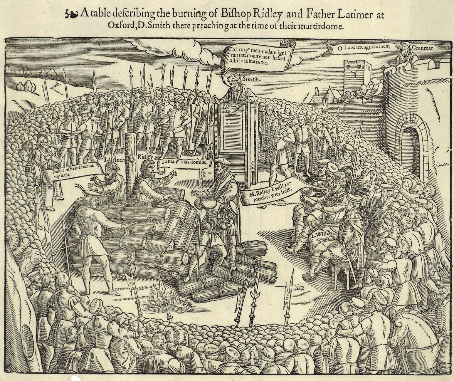 burning of ridley and latimer - 5 A table decribing the burning of Bihop Ridley and Father Latimer at Oxford,D.Smith there preaching at the time of their martirdome. p ada Larghe while on la Smith