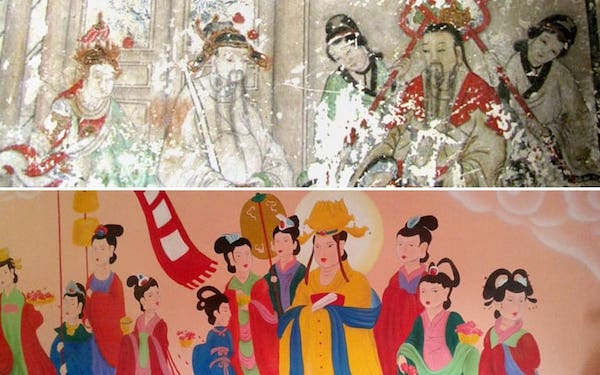 The frescos in Chaoyang's Yunjie Temple have been restored — to look like scenes from a Disney film. 

The botched job has sparked outrage worldwide and has led to the firing of the officials responsible for green-lighting the colorful, yet wildly inaccurate work. The new images were painted directly onto the nearly 300-year-old originals (a big no-no), with almost no stylistic similarity to the originals. 

Chaoyang government deputy secretary-general Li Haifeng revealed that the restoration was not approved by the government, and was carried out by a local company which was not qualified.