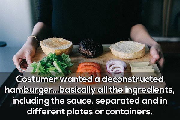 cross contamination - Costumer wanted a deconstructed hamburger...basically all the ingredients, including the sauce, separated and in different plates or containers.