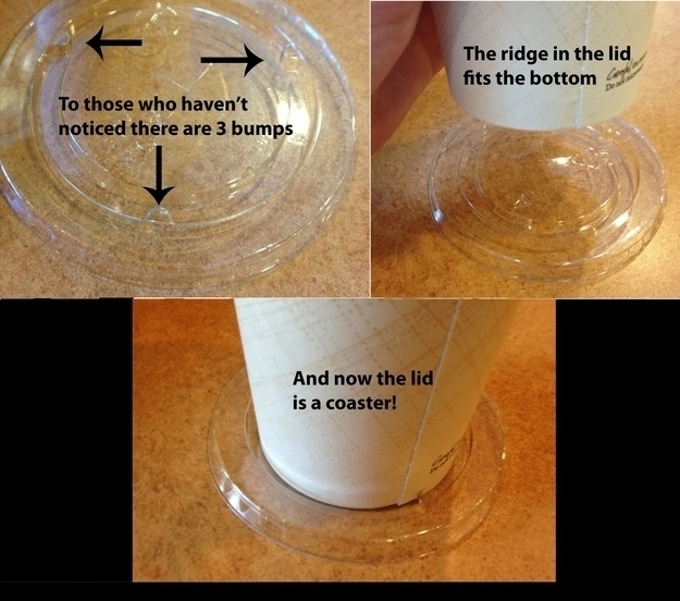 Lids As Coasters.
Soft drinks don't just have lids to protect you from spilling. They can also be used as coasters to protect the surface. Try it!, it'll fit just right.