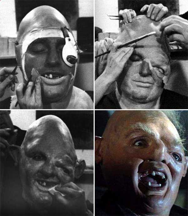 John Matuszak getting his make-up done to be Sloth on the set of The Goonies