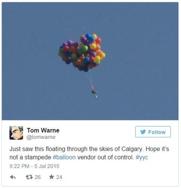 Up came to life when a Canadian man tied over 100 balloons to a garden chair and flew over Calgary last year. He wanted to promote his cleaning products. He was charged with mischief causing danger to life.