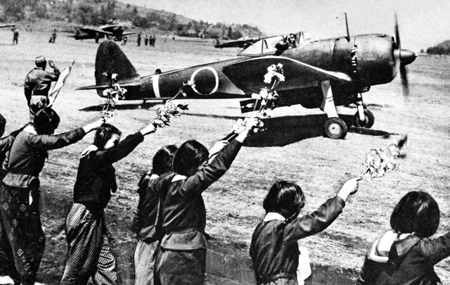 High school girls wave kamikaze pilot taking off, WW2, 12 april 1945