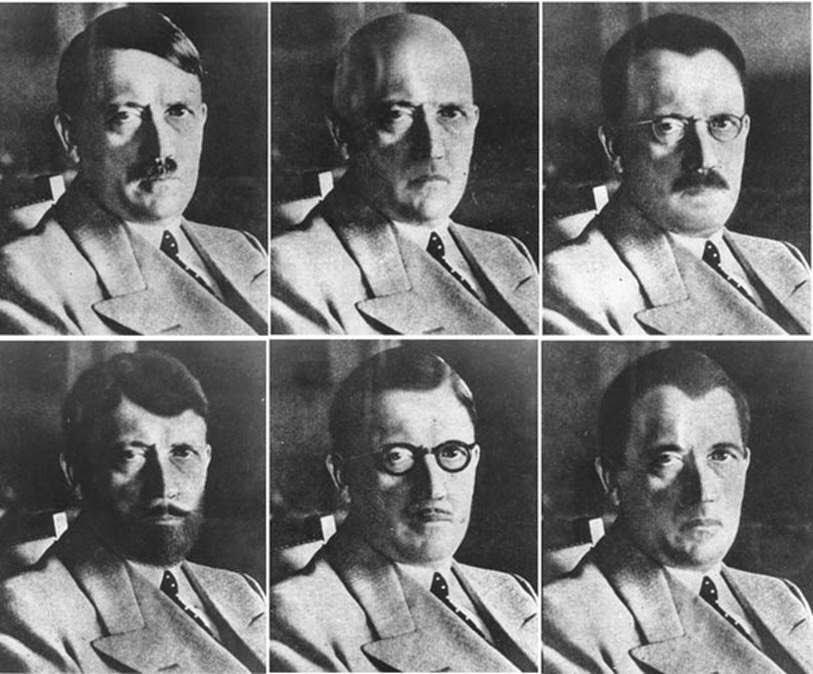 US intelligence images of how Hitler could have disguised himself if he had actually escaped, 1940s. 

Towards the end of World War II, U.S. intelligence officials were afraid that the German dictator would flee Germany by assuming a disguise. By 1944 the world identified the man largely by his trademark toothbrush mustache and oily side-slicked hair, so they ordered his portrait to be cloned.
The Office of Strategic Services (OSS), an early version of the CIA set up during World War II, asked Eddie Senz, a New York make-up artist, to produce the altered portraits after D-Day on 6 June 1944. Despite fears Hitler would attempt to flee Germany, the portraits were never needed. However, photos of Senz’s re-imaginings of Hitler were circulated to Allied Commanders during the War but were not seen by the public until German magazine, Der Spiegel, discovered and published them in the 1990s. Later the U.S. National Archives in Washington DC released the photos with much better resolution. The following pictures show head shots of ‘Der Fuehrer’ in numerous guises.