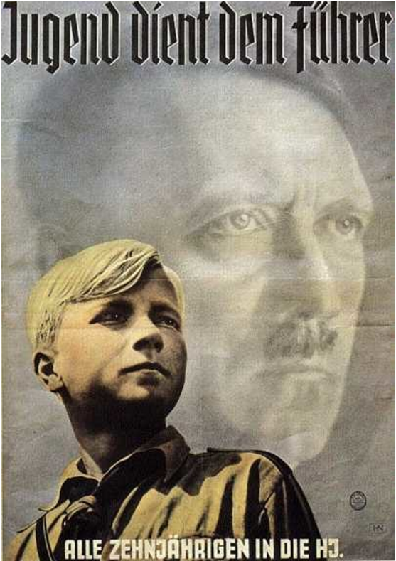 This propaganda poster depicts a member of the Nazi Youth idolizing Hitler as a godlike being.