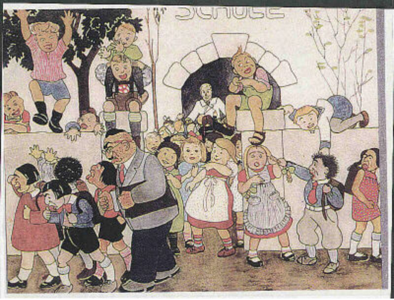 This caricature depicts Jewish students and teachers being kicked out of schools in Germany.