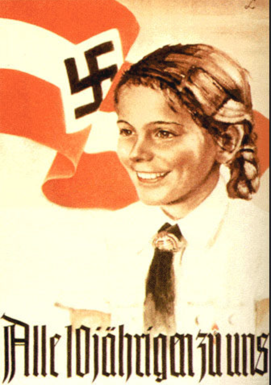 Here's an advertisement for the League of German Girls, a program used to instill girls with the values of Nazism, which was apparently something to smile about.