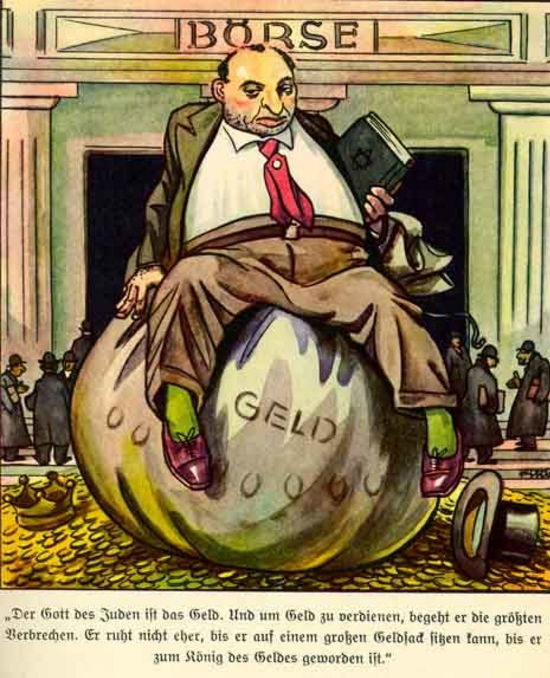 According to this illustration, Jewish people worship money as a god, and their god will not be happy until he can sit atop a large sack of money.