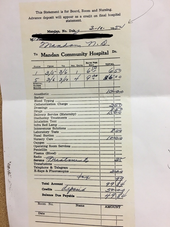 Baby delivery hospital bill from 1954…Inflation adjusted to 2016 $893.93.

The U.S. Census Bureau figures for housing prices over the decades are difficult to wrap your mind around. In 1950, the median home price was just $7,354. Wow! Fast forward 50 years, and the median home price was $119,600, peaking at $227,100 in 2006.
Adjusting those numbers for inflation gives us some perspective. The median price for a home in 1950 in inflation-adjusted dollars was $44,600. Compared to the median price in 2006, that’s an increase of more than $182,000 in 56 years!