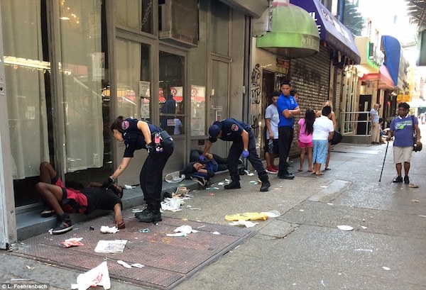 Almost 40 "zombie" New Yorkers were seen struggling with the effects of a synthetic marijuana known as K2 in a viral video posted to YouTube in July 2016. 

K2 is sold for as little as $1 a hit, and the problem in Brooklyn all stems from one place — Big Boy Deli near Broadway and Myrtle Avenue. Locals said the deli is a frequent target of police raids. K2 contains man-made chemicals that act on the same cell receptors in the brain that THC does.