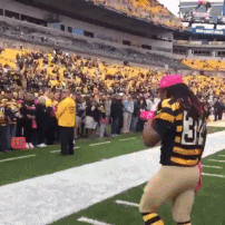 Steelers’ DeAngelo Williams hugs breast cancer survivors before game.

In a recent post for The Players’ Tribune, Williams detailed how his mother and aunts learned that they carried a mutated gene that gave them a high chance for breast cancer. The experience was awful for him and everyone in his family, as his aunts began dying, one by one, but it also gave him renewed admiration for his mother, who in 2014 was the last of the women to fall and who battled the disease for several years longer than her doctors expected.