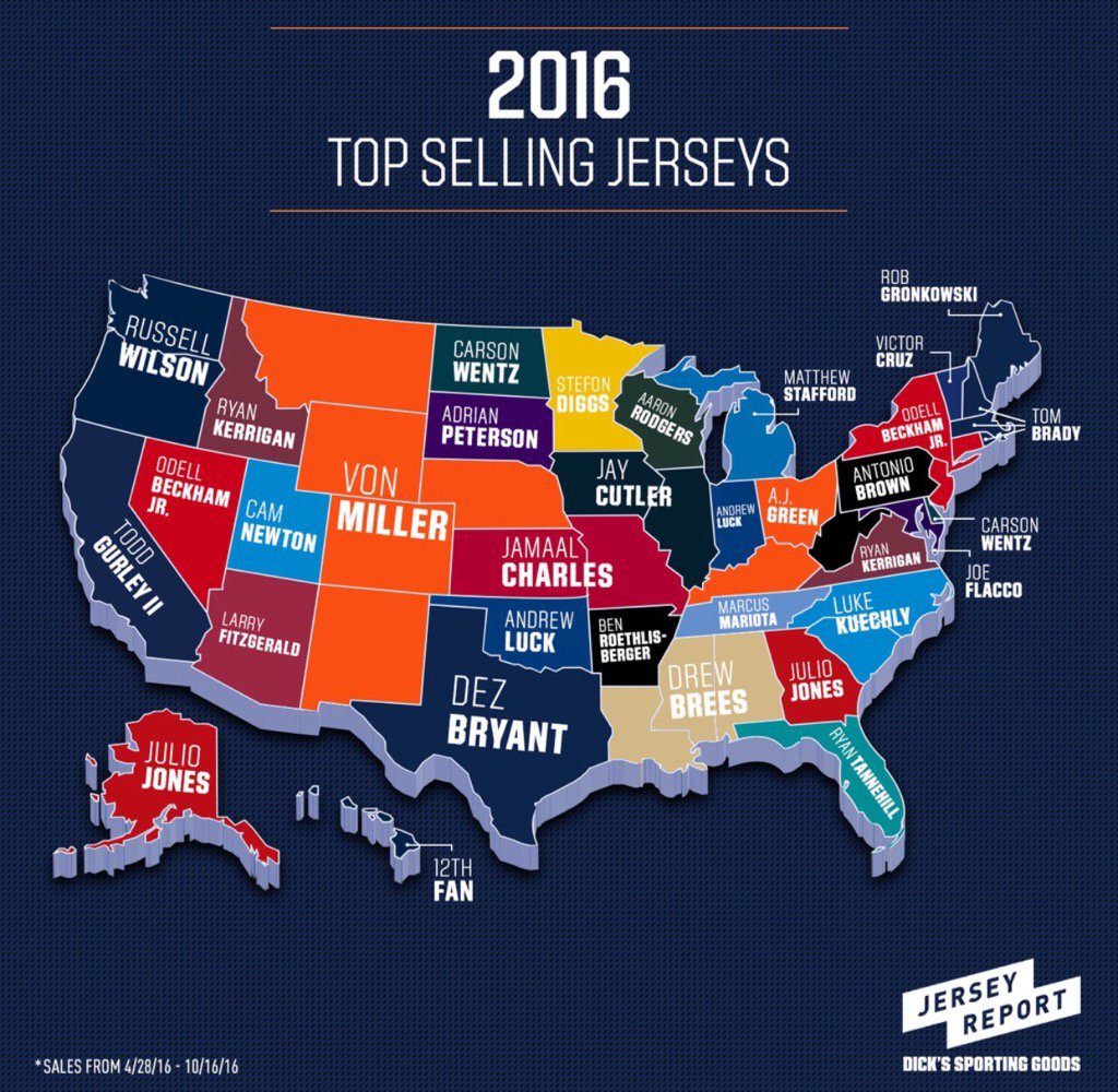 Best selling NFL jerseys by state, according to the last six months of data from Dicks Sporting Goods