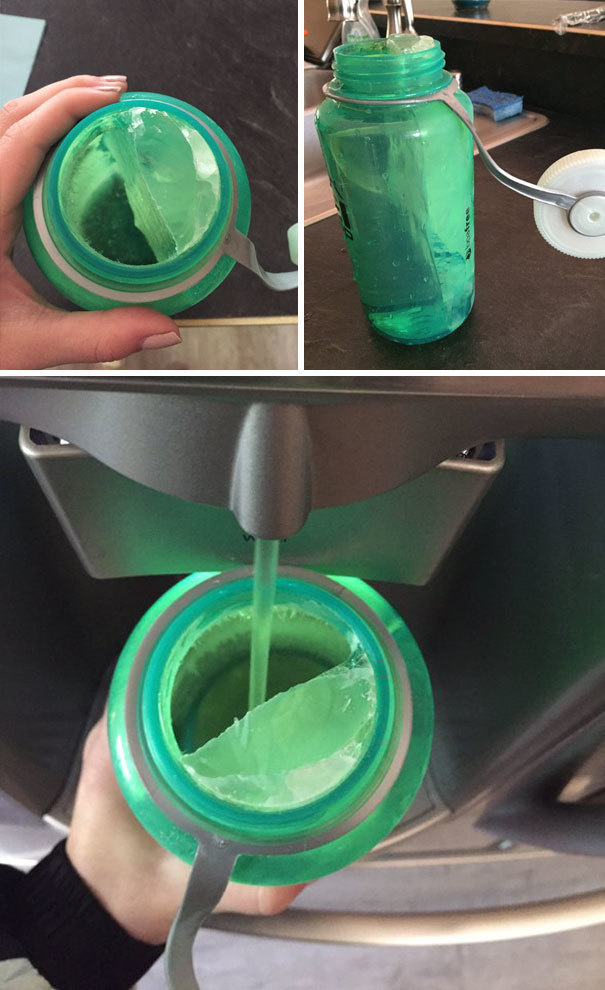 Here's a trick to keep your water ice cold, literally. Fill half of your water bottle with water, freeze it while its on its side, and then fill the other half with actual water!
