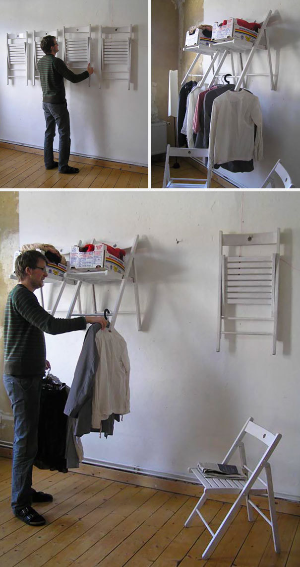 If you don't have enough closet or shelf space, hang redundand chairs on the wall to create more storage space.