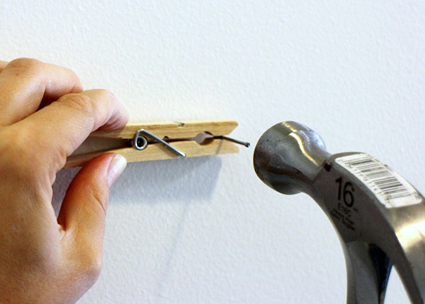 Always accidentally hammering your fingers? Use a clothespin to help you hammer the nail safely into where you need it to be.