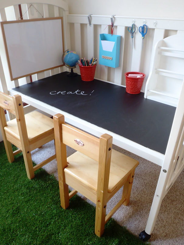 When your children grow out of their crib and you're done adding anymore babies to your household, turn the crib into a special desk for the kids!