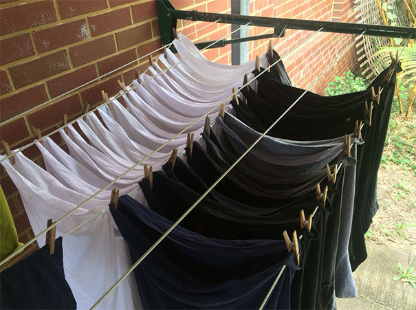 Do you have a lot of clothes that you air-dry? Hang your t-shirts this way to save space and hang more at a time.
