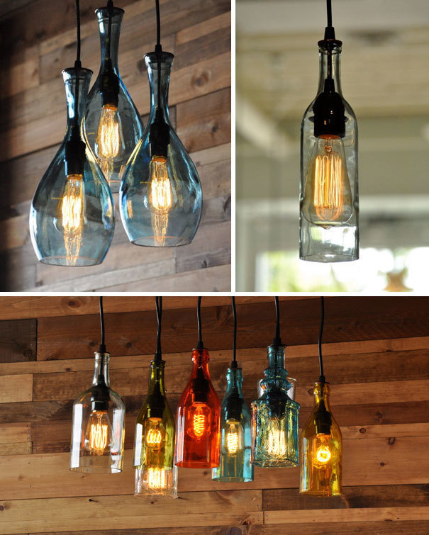 Do you collect all your empty wine bottles after you're done drinking them? Combine them with some lights to create a unique chandelier.