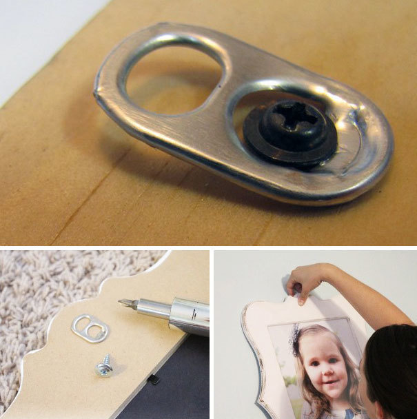 Hanging up photo frames can be difficult. Use a soda tab to help speed up the process and make it easier.