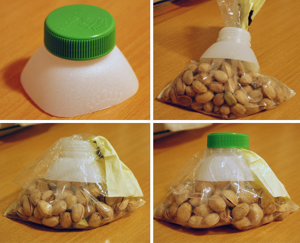 Out of ziplock bags and need a way to seal a plastic bag? Use a bottle cap! Just cut it off from an empty jug.