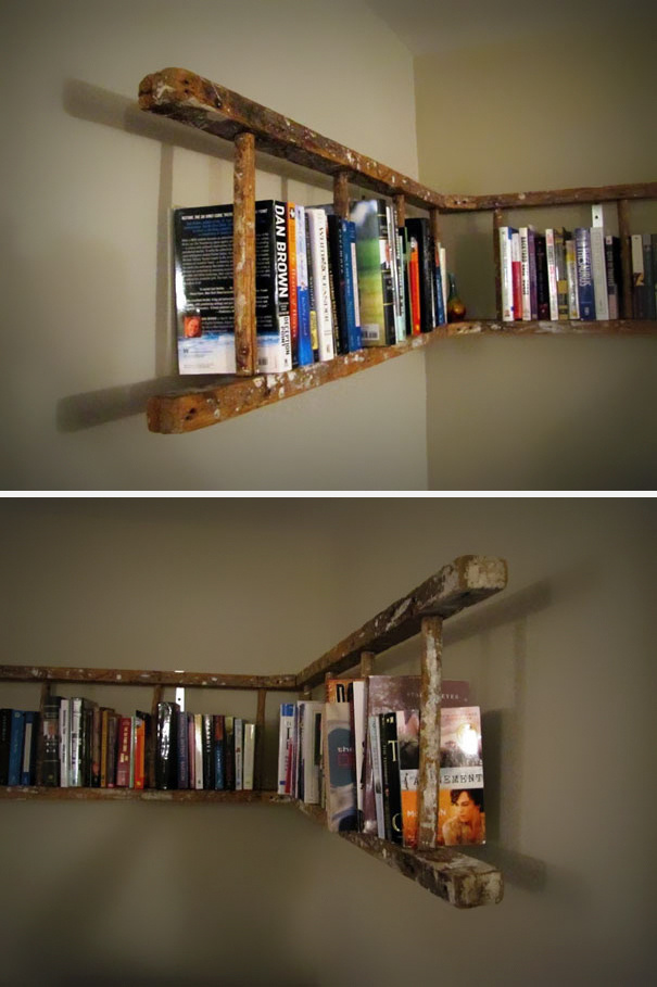 Mount a ladder horizontally on a wall to turn it into a handy bookshelf.