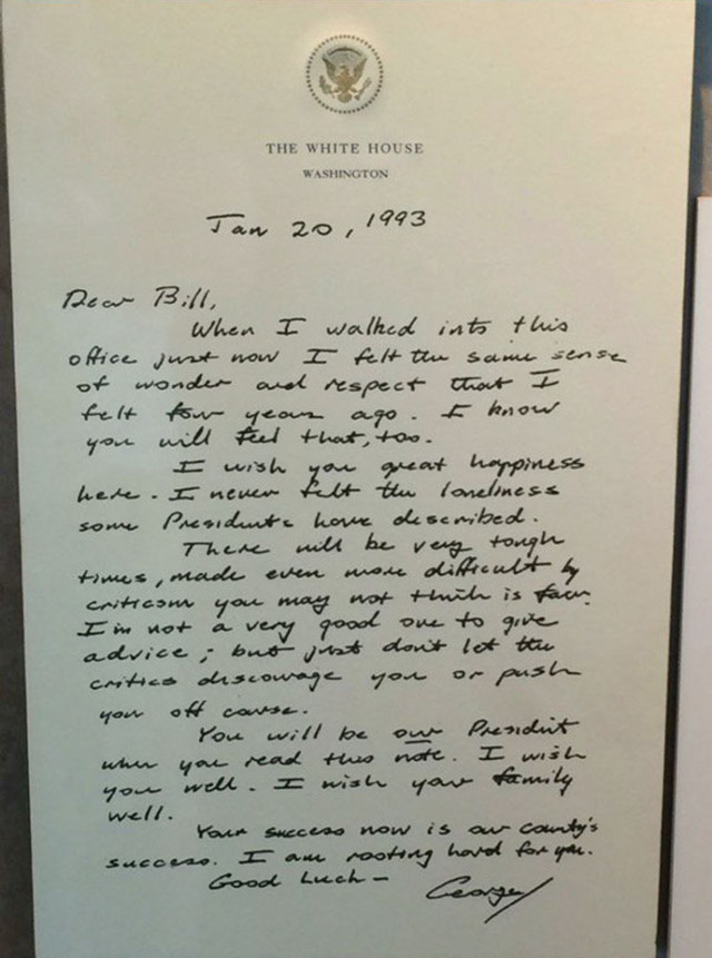 A peaceful transfer of power: letter to Bill Clinton from George Bush Sr. after the election.