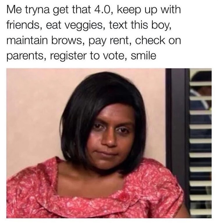 memes - mindy kaling meme - Me tryna get that 4.0, keep up with friends, eat veggies, text this boy, maintain brows, pay rent, check on parents, register to vote, smile