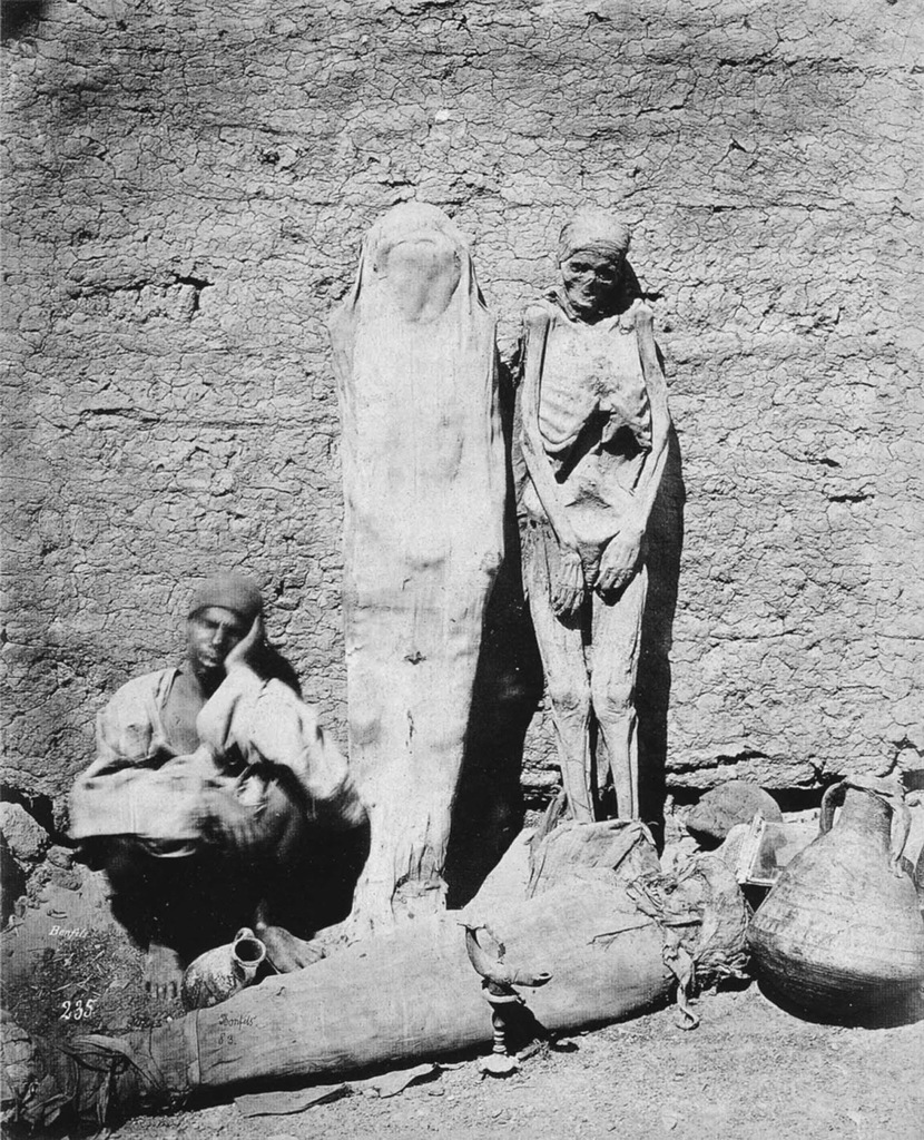 Street vendor selling mummies in Egypt, 1865.
During the Victorian era of 1800’s, Napoleon’s conquest of Egypt threw open the Gates of Egypt’s history for the Europeans. At that time, mummies were not accorded the respect that they deserved from the European elites and in fact, mummies could be purchased from street vendors (as shown in picture) to be used as the main event for parties and social gatherings that took place in the 18th century. The elites of the era would often hold “Mummy Unwrapping Parties”, which, as the name suggests, had the main theme in which a Mummy would be unwrapped in front of a boisterous audience, cheering and applauding at the same time.
During that period of time, the well-preserved remains of ancient Egyptians were routinely ground into powder and consumed as a medicinal remedy. Indeed, so popular was pulverized mummy that it even instigated a counterfeit trade to meet demand, in which the flesh of beggars was passed off as that of ancient mummified Egyptians.
As the Industrial Revolution progressed, so Egyptian mummies were exploited for more utilitarian purposes: huge numbers of human and animal mummies were ground up and shipped to Britain and Germany for use as fertilizer. Others were used to create mummy brown pigment or were stripped of their wrappings, which were subsequently exported to the US for use in the paper-making industry. The author Mark Twain even reported that mummies were burnt in Egypt as locomotive fuel.
As the nineteenth century advanced, mummies became prized objects of display and scores of them were purchased by wealthy European and American private collectors as tourist souvenirs. For those who could not afford a whole mummy, disarticulated remains – such as a head, hand or foot – could be purchased on the black market and smuggled back home.
So brisk was the trade in mummies to Europe that even after ransacking tombs and catacombs there just were not enough ancient Egyptian bodies to meet the demand. And so fake mummies were fabricated from the corpses of the executed criminals, the aged, the poor and those who had died from hideous diseases, by burying them in the sand or stuffing them with bitumen and exposing them to the sun.