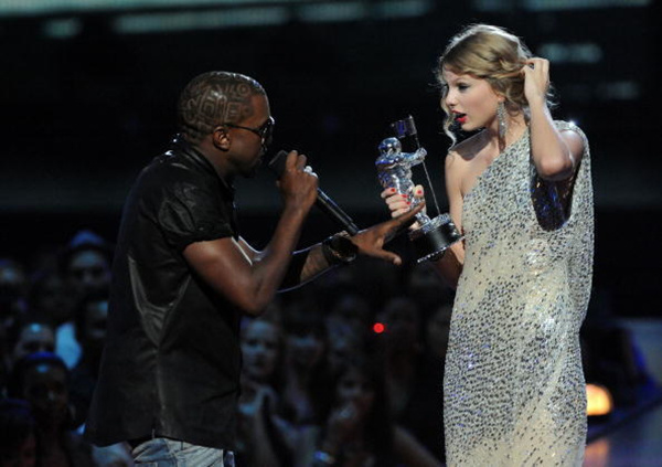 The interruption.
Taylor Swift is shocked when Kanye West interrupted her accepting a well deserved award to talk about Beyonce.