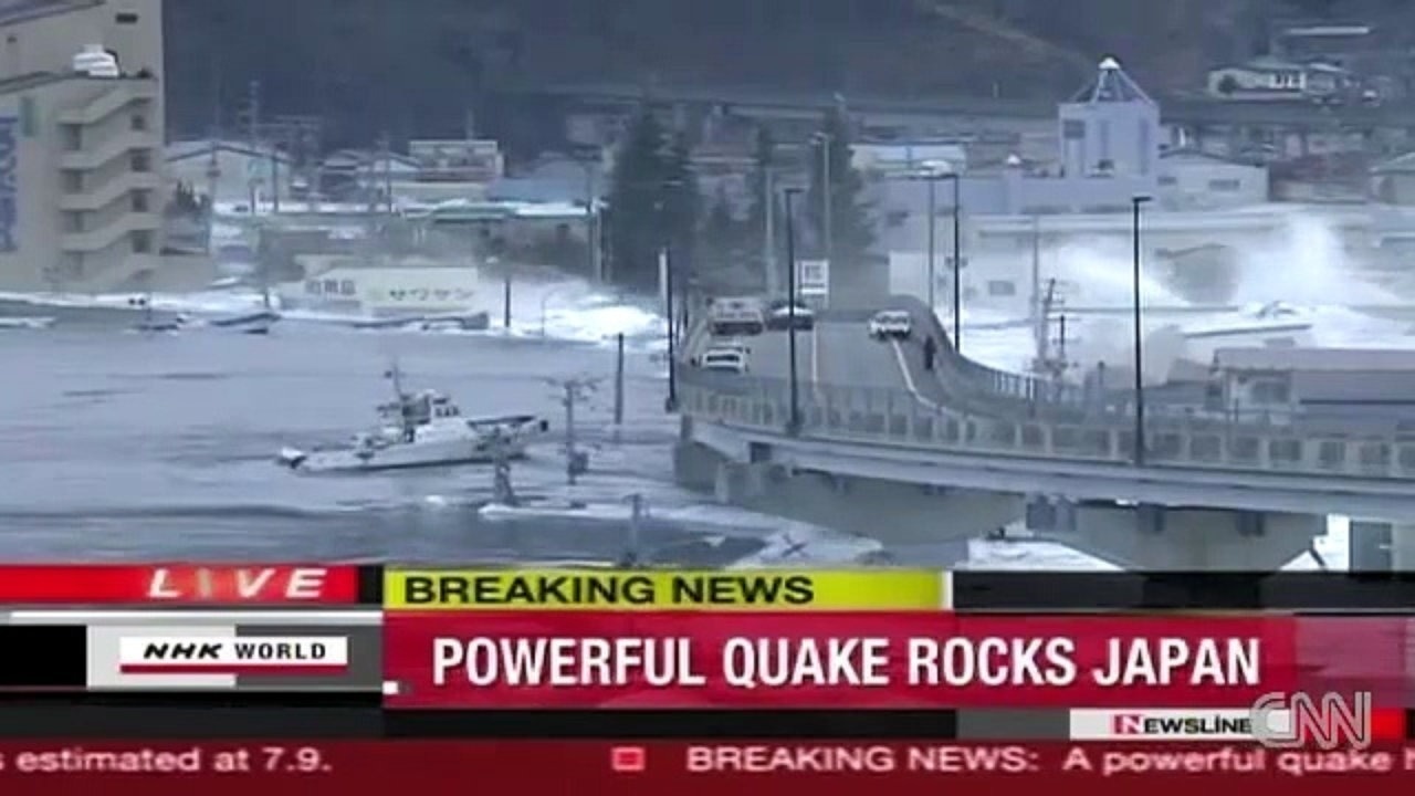 Tsunami hits Japan.
CNN was broadcasting live in 2011 when they were talking about the powerful earthquake that had struck Japan. During the broadcast the giant tsunami struck and left the broadcasters in shock at what they were witnessing on live television.