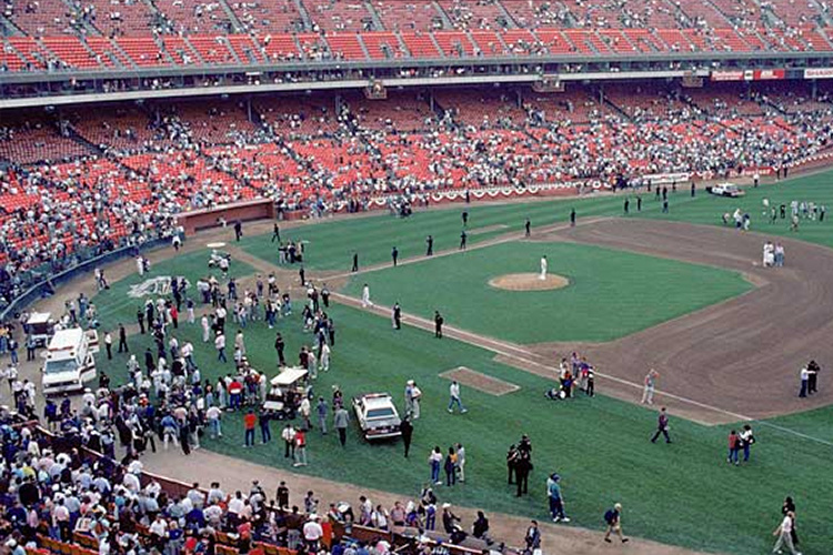 World Series earthquake.
Game 3 of the 1989 World Series was postponed after a deadly earthquake hit the San Francisco bay area. The quake happened during the pre game show and was witnessed by millions live as it happened. Throughout the night the devastation was broadcast live around the world.